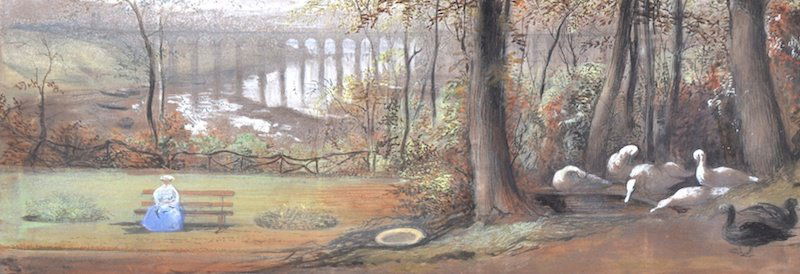 Circle of Edward Lear (1812-1888) British. An extensive: Circle of Edward Lear (1812-1888) British. An extensive river landscape, with a lady seated on a bench, geese feeding in the foreground, and a viaduct in the distance, Watercolour, 5.25” x 15”.