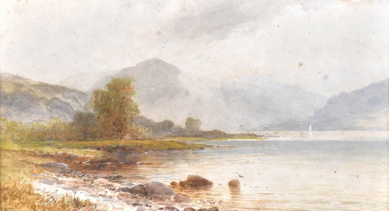 Emil Axel Krause (1871-1945) Danish. ‘Buttermere’, a: Emil Axel Krause (1871-1945) Danish. ‘Buttermere’, a river landscape, Watercolour, Signed and Inscribed ‘Buttermere’, 6.5” x 11.5”, and four companion pieces, ‘Windermere’, ‘On Loch