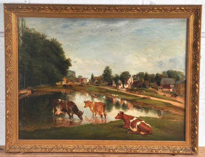 Edwin Frederick Holt (1830-1912) British. A Village: Edwin Frederick Holt (1830-1912) British. A Village Scene, with logging team, figures on horse, a cattle watering in the pond, Oil on Canvas, Signed and Dated 1890, and Inscribed ‘Prize Medallist RA