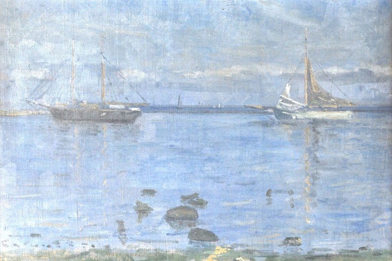 Circle of Henry Scott Tuke (1858-1929) British. Sailing: Circle of Henry Scott Tuke (1858-1929) British. Sailing boats in an estuary, Oil on Canvas, 16” x 23”.