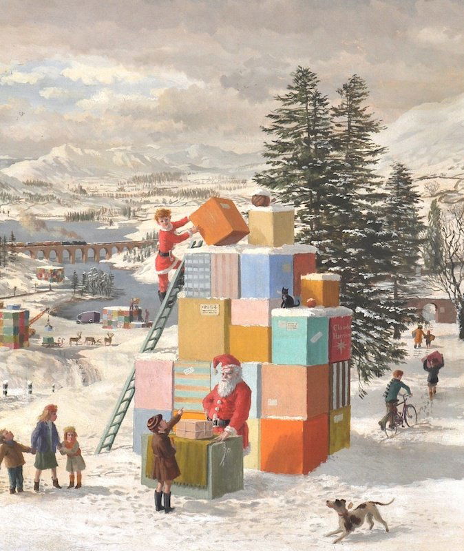 Claude William Harrison (1922-2009) British.: Claude William Harrison (1922-2009) British. ‘Christmas’, a Winter landscape with Father Christmas and Children, Oil on Board, Signed on a present and Dated 1954, 17” x 14”.