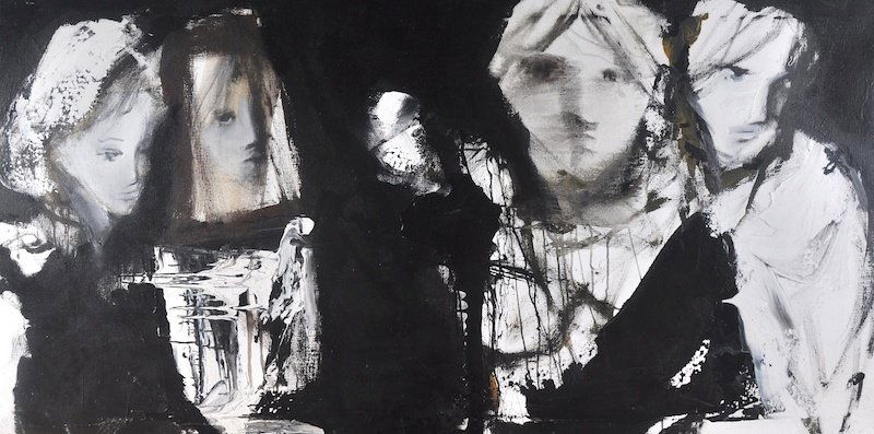 Gino Hollander (b.1924) American. Four Heads, Oil on: Gino Hollander (b.1924) American. Four Heads, Oil on Canvas, Signed on Reverse, Unframed, 32” x 64”.