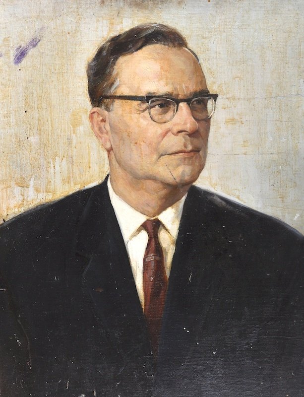 20th Century Russian School. Portrait of a Man in a: 20th Century Russian School. Portrait of a Man in a Dark Suit, Oil on Canvas, Signed in Cyrillic and inscribed verso, Unframed, 31” x 23”.