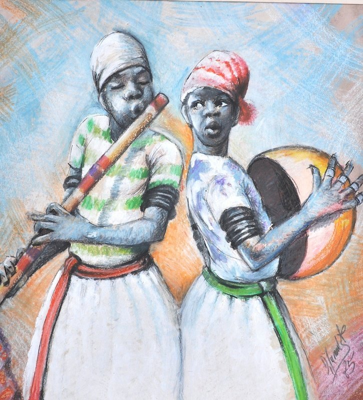 20th Century African School. ‘African Musicians’, Mixed: 20th Century African School. ‘African Musicians’, Mixed Media, Indistinctly Signed and Dated ’75, Unframed, 16” x 15”, and another, Attributed to Tony Hudson (1937-1989) British. ‘African