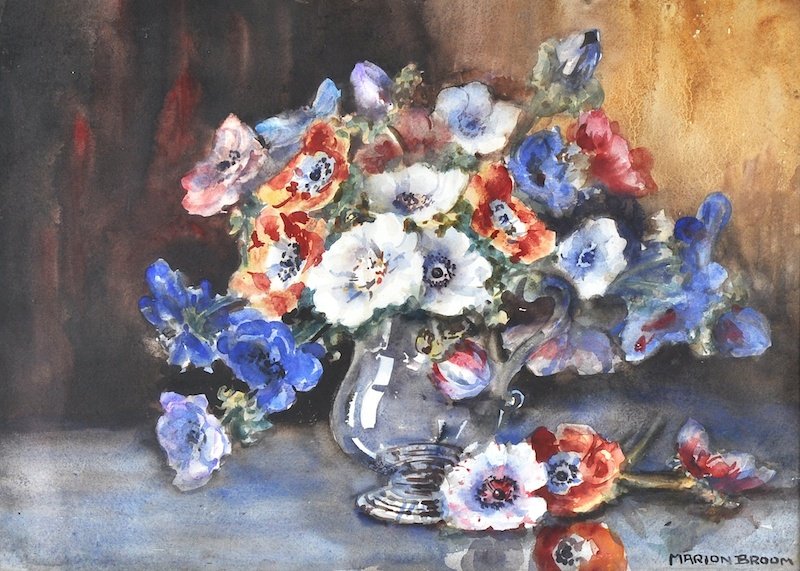 Marion Broom (1878-1962) British. ‘Anenomes and: Marion Broom (1878-1962) British. ‘Anenomes and Delphiniums’, Watercolour, 16” x 22”, together with an Autobiography by Enid Blyton’s daughter, ‘Imogen Smallwood’, on page 34, it refers 