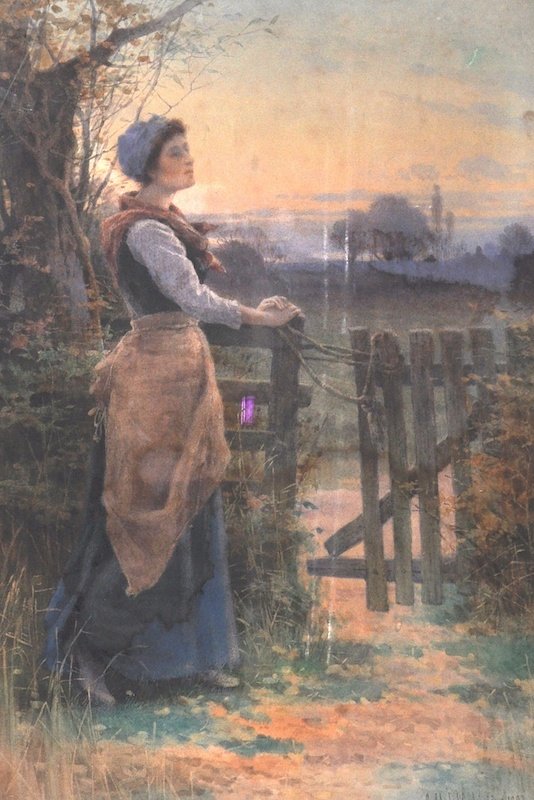 Georgina Martha Steeple De L’Aubiniere (1848-1930): Georgina Martha Steeple De L’Aubiniere (1848-1930) Canadian. A Young Girl in deep thought, standing by a gate, Watercolour, Signed and Dated 1893, 28.5” x 19.5”.