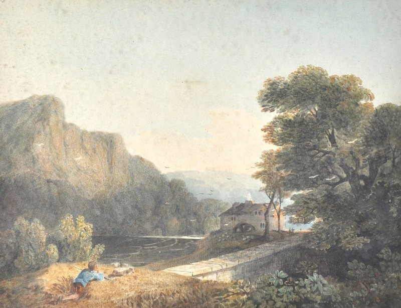 19th Century English School. ‘View on Wye’, a river: 19th Century English School. ‘View on Wye’, a river landscape, with a boy resting on the bank, a mill house beyond, Watercolour, Inscribed on the reverse ‘from the album of Miss Schutz, Gillingh