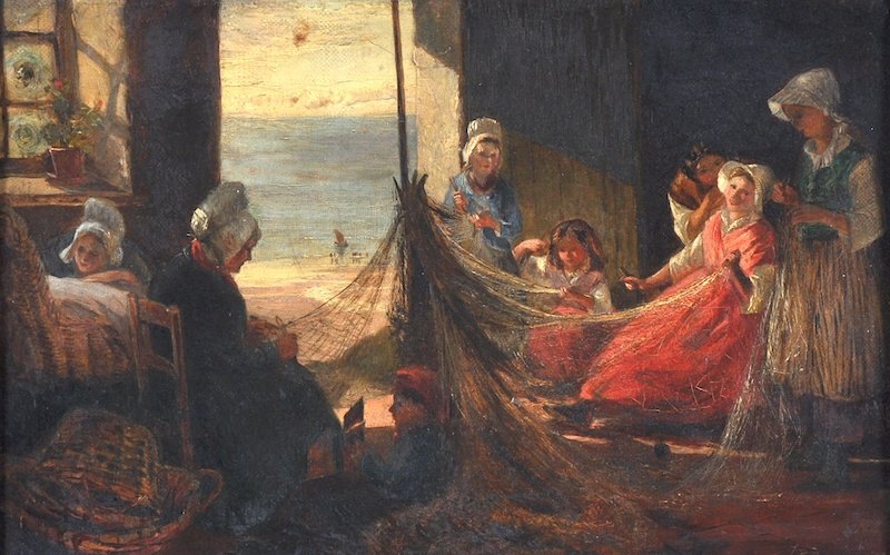Lionel Percy Smythe (1839-1918) British, and Charles: Lionel Percy Smythe (1839-1918) British, and Charles Lewis (1830/6-1892) British. An Interior of a cottage with young girls mending the nets, Oil on Canvas, Signed ‘L P Smythe’, and Signed ‘C.J.
