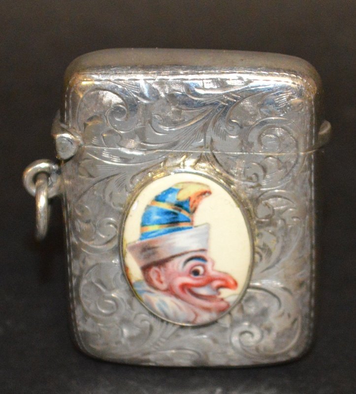 AN ENGRAVED SILVER VESTA, Birmingham 1903, Mr Punch.: AN ENGRAVED SILVER VESTA, Birmingham 1903, Mr Punch.