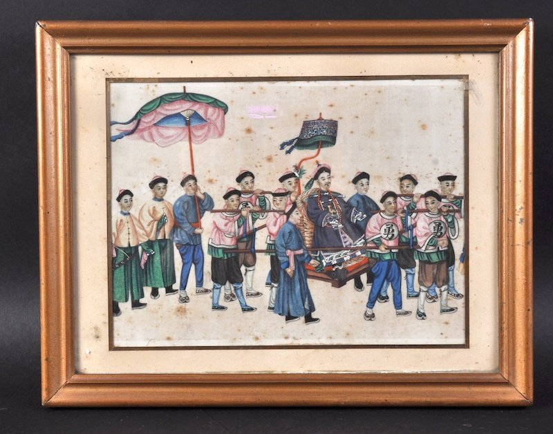 CHINESE SCHOOL (19TH CENTURY) A FRAMED CHINESE EXPORT: CHINESE SCHOOL (19TH CENTURY) A FRAMED CHINESE EXPORT RICE PAPER WORK depicting a procession. Foxing. Image 10. 5ins x 7. 75ins.
