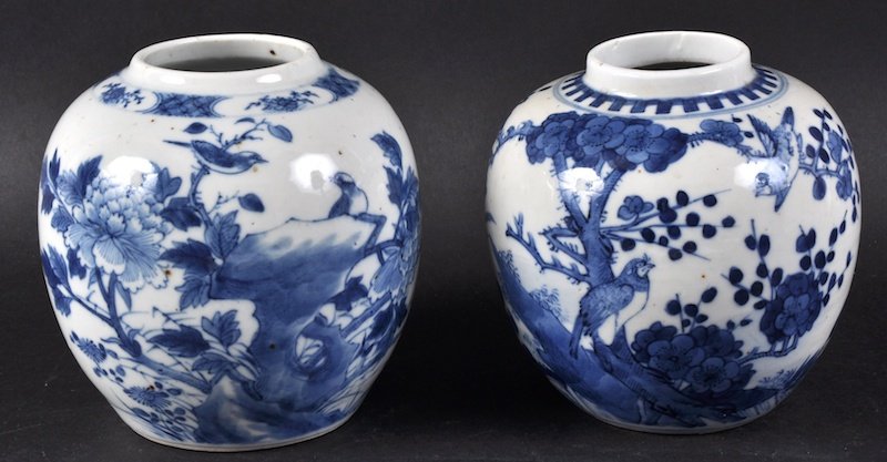 A MATCHED PAIR OF 19TH CENTURY CHINESE BLUE AND WHITE: A MATCHED PAIR OF 19TH CENTURY CHINESE BLUE AND WHITE GINGER JARS painted with birds upon hollow rock. Good condition. 5. 75ins high.