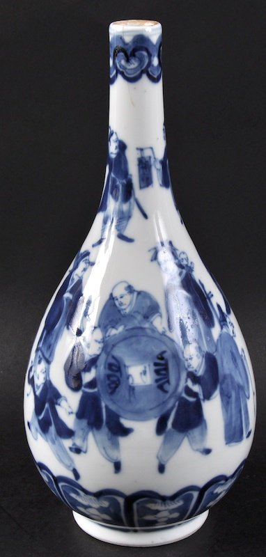 A 19TH CENTURY CHINESE BLUE AND WHITE VASE bearing: A 19TH CENTURY CHINESE BLUE AND WHITE VASE bearing Kangxi marks to base, painted with figures. Minor nick. 9. 75ins high.