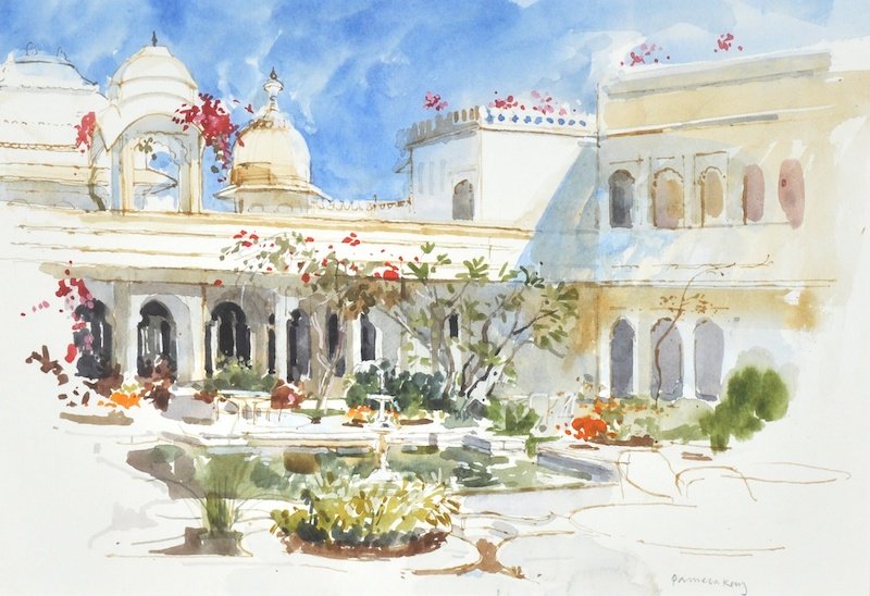 Pamela Kay (1939- ) British. ‘Garden of the Lake: Pamela Kay (1939- ) British. ‘Garden of the Lake Palace, Udaipur’ (India), Watercolour and Pen Wash, Signed, 9.75” x 14”. Provenance; Bankside Gallery RWS 1997