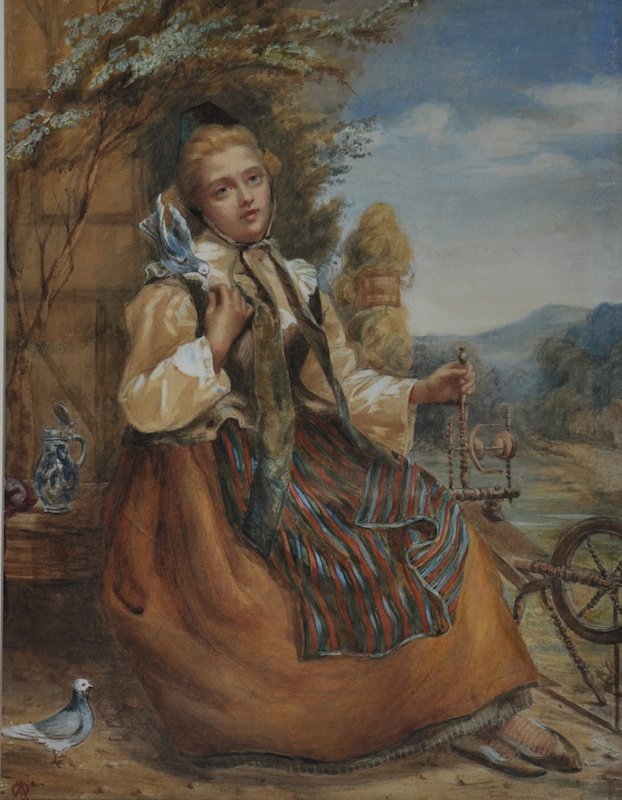 Anna Massey Lea Merritt (1844-1930) American. A Young: Anna Massey Lea Merritt (1844-1930) American. A Young Girl seated spinning wool, Watercolour, Signed with Monogram, 18.5” x 14.5”.