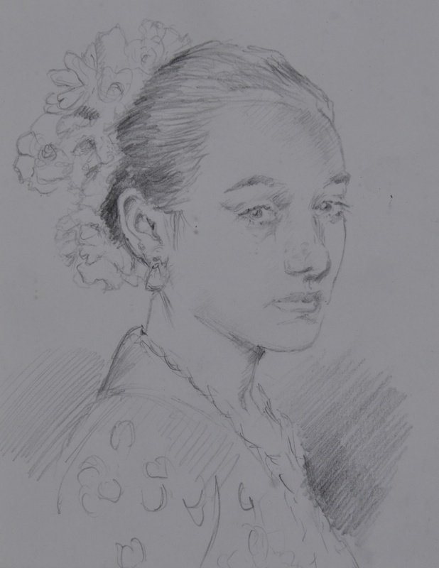 Franco Matania (1922-2006) Italian/British. Girl with: Franco Matania (1922-2006) Italian/British. Girl with Flowers in her Hair, Pencil, 8” x 6”, Girl Holding a Bag, Pencil, 7” x 4”, Girl Holding a Fan, Pencil, Signed and Dated Aug 1950, 8.5” x