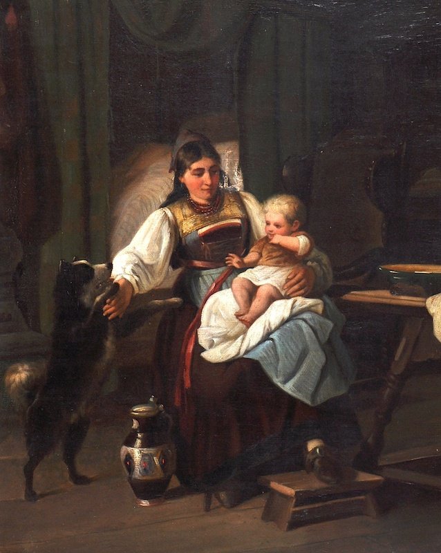 19th Century Continental School. Interior with a Mother: 19th Century Continental School. Interior with a Mother and Child, and a young Puppy, Oil on Canvas, 18” x 14”.