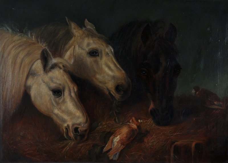 After John Frederick Herring (1795-1865) British. ‘The: After John Frederick Herring (1795-1865) British. ‘The Feeding Trough’, with three horses and two pigeons, Oil on Canvas, Indistinctly Signed, 21” x 29”.