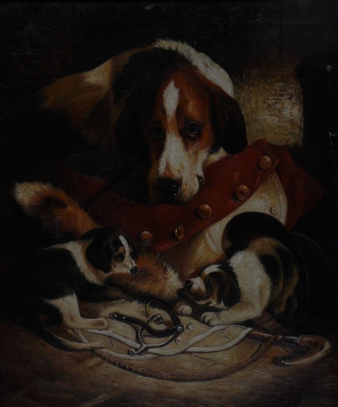 After John Emms (1843-1912) British. A Stable interior,: After John Emms (1843-1912) British. A Stable interior, with a Spaniel watching her Puppies Playing, Oil on Canvas, Indistinctly Signed, 24” x 20”.