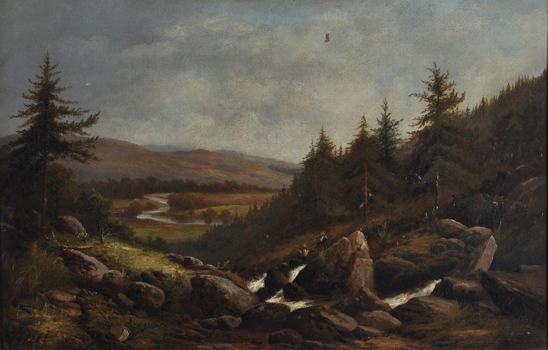 Circle of David Bates (1840/1-1921) British. A Rocky: Circle of David Bates (1840/1-1921) British. A Rocky River Landscape, with Boys fishing, Oil on Canvas, Bears a Signature, 24” x 36”.