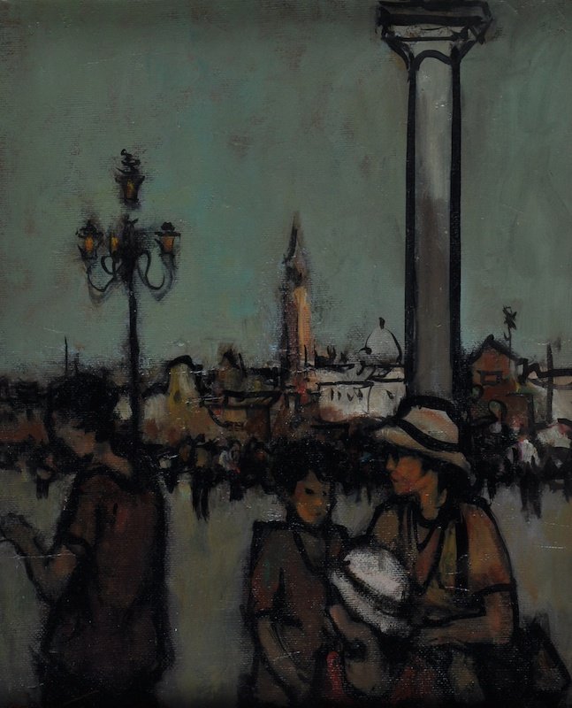 Ken Moroney (1949- ) British. ‘Japanese Tourists in: Ken Moroney (1949- ) British. ‘Japanese Tourists in Venice’, a Street Scene with Figures, Oil on Canvas, Signed, and Titled on Reverse and Artist’s Stamp, 12” x 10”.