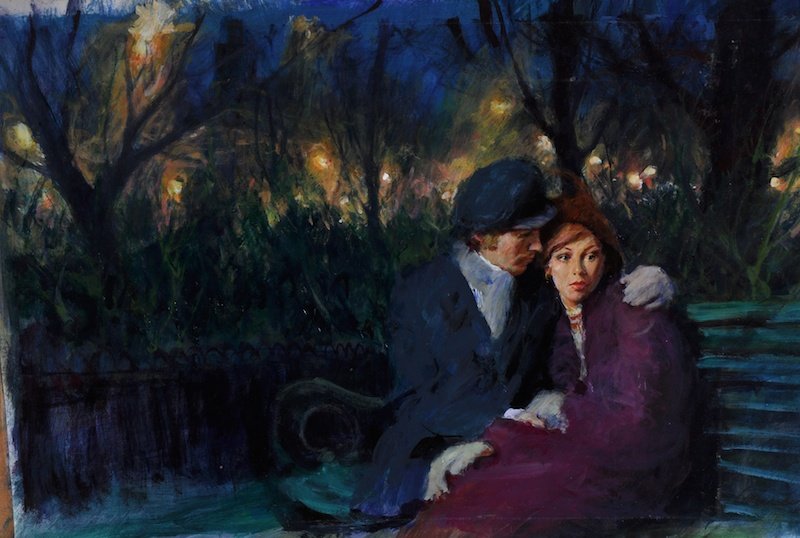 Fred Laurent (1922-1995) British. A Young Couple in an: Fred Laurent (1922-1995) British. A Young Couple in an Embrace, sitting on a Park Bench, Oil on Paper, Signed, Unframed, 18” x 28”.