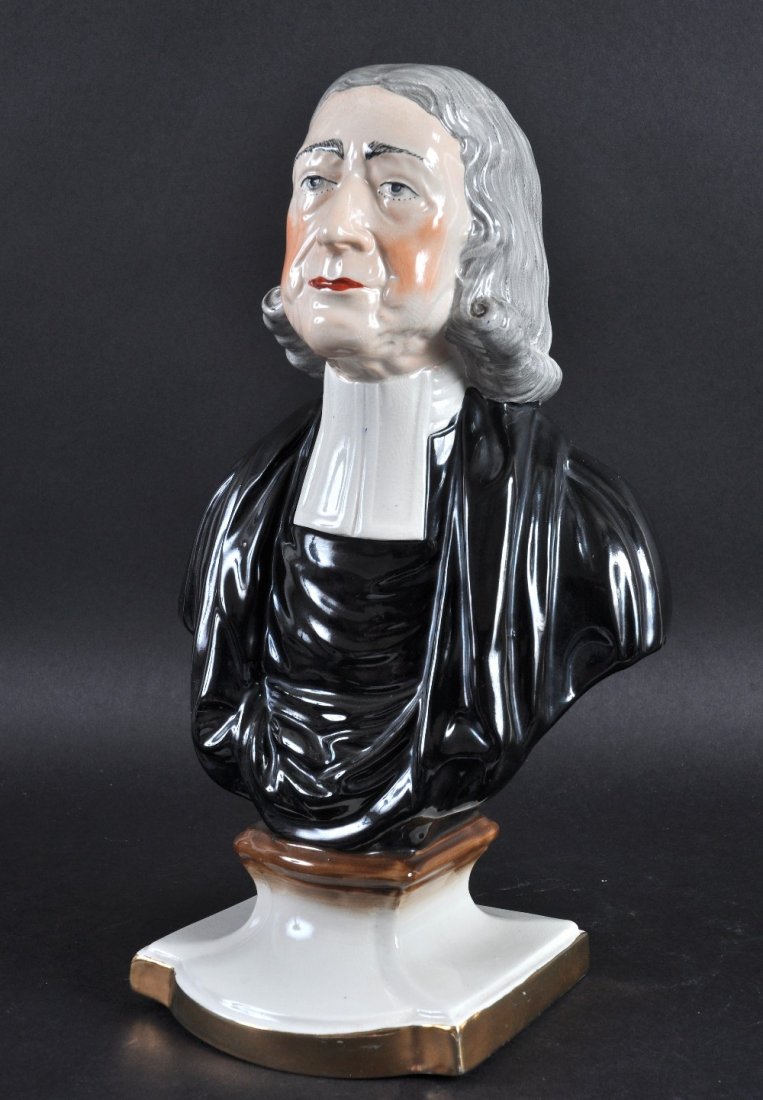 A STAFFORDSHIRE BUST OF REV. JOHN WESLEY. Inscribed: A STAFFORDSHIRE BUST OF REV. JOHN WESLEY. Inscribed tablet on reverse. 11.5ins high. £100-150.