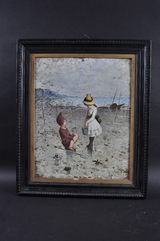 A GOOD MINTON PORCELAIN PLAQUE, painted with a boy and: A GOOD MINTON PORCELAIN PLAQUE, painted with a boy and girl on the beach by ANTON BOULLEMIER. Signed. 15ins x 12ins. Impressed Minton on Reverse. £300-500.