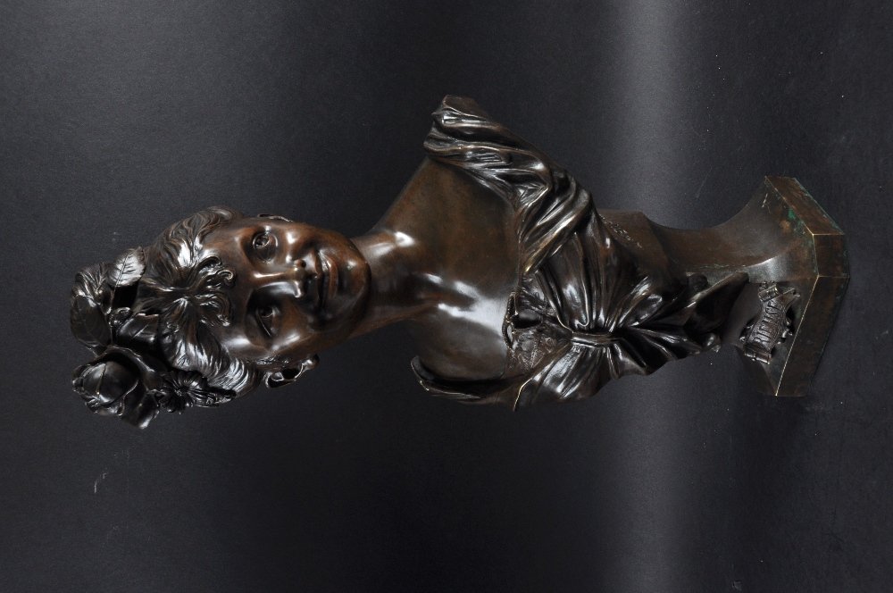 ADOLPHE JEAN LAVERGNE (19TH CENTURY) FRENCH A SUPERB: ADOLPHE JEAN LAVERGNE (19TH CENTURY) FRENCH A SUPERB BRONZE BUST OF A YOUNG LADY “RIEUSE”. Signed. 19ins high. £700-800.