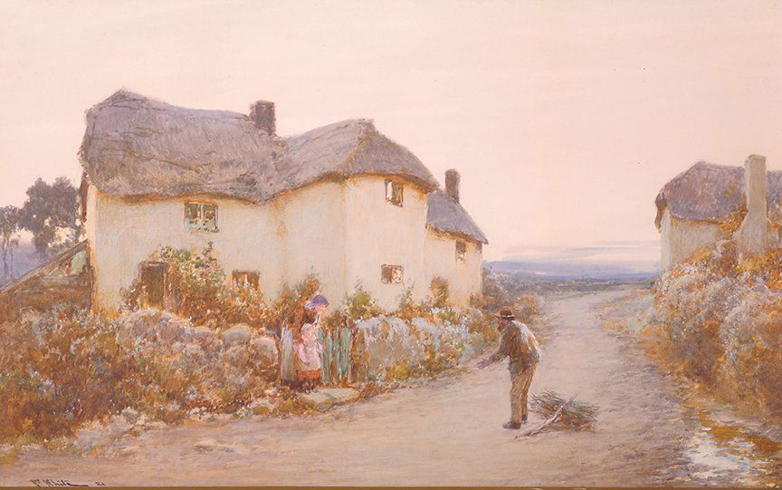 John White (1851-1933) British. Figures by a Cottage,: John White (1851-1933) British. Figures by a Cottage, Watercolour, Signed and Inscribed ‘RI’, 11” x 18”. £200-£400 .