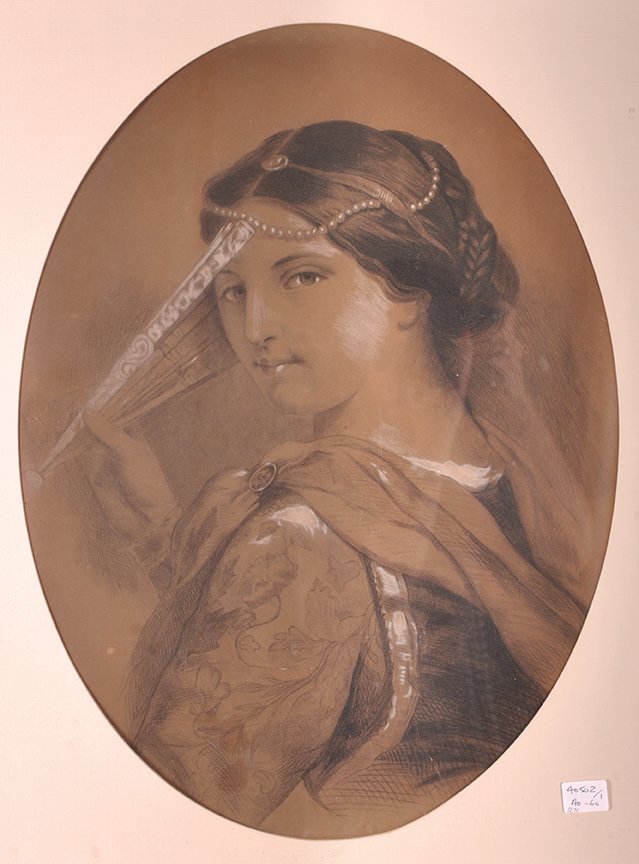 19th Century English School. Portrait of a young girl: 19th Century English School. Portrait of a young girl holding a fan, Chalk and Pencil, Oval, 23.5” x 17.5”. £40-£60 .