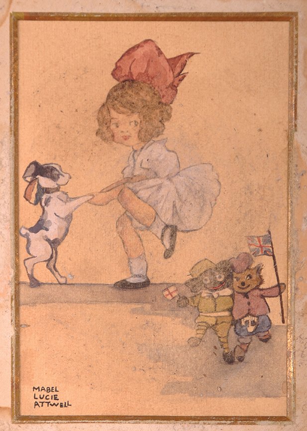 Mable Lucie Attwell (1897-1964) British. A Young Girl: Mable Lucie Attwell (1897-1964) British. A Young Girl Playing with a Dog, Teddy Bears Dancing in the foreground, Watercolour, Signed, Unframed, 5.5” x 4”. £200-£400 .