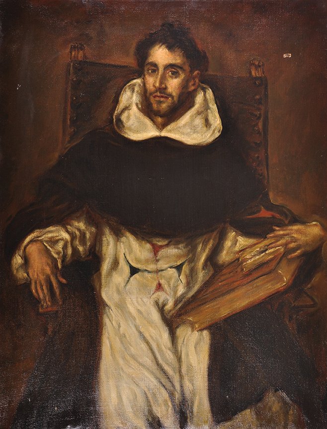 After Domenikos El Greco (1541-1614) Greek. Portrait of: After Domenikos El Greco (1541-1614) Greek. Portrait of Maria Hortensio Felix Paravicino (1580-1633), Oil on Canvas, Inscribed on the reverse, Unframed, 44” x 34”. £500-£700 .