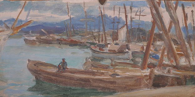 Hugh de Twenebrokes Glazebrook (1855-1937) British.: Hugh de Twenebrokes Glazebrook (1855-1937) British. ‘Pezia’, a harbour scene, Oil on Board, Inscribed verso, 3.5” x 7”. £200-£300 .