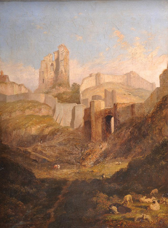 Circle of Joseph Murray Ince (1806-1859) British. The: Circle of Joseph Murray Ince (1806-1859) British. The Grounds of a Castle Ruin, with Sheep grazing in the foreground, Oil on Canvas, 24” x 18”. £200-£400.