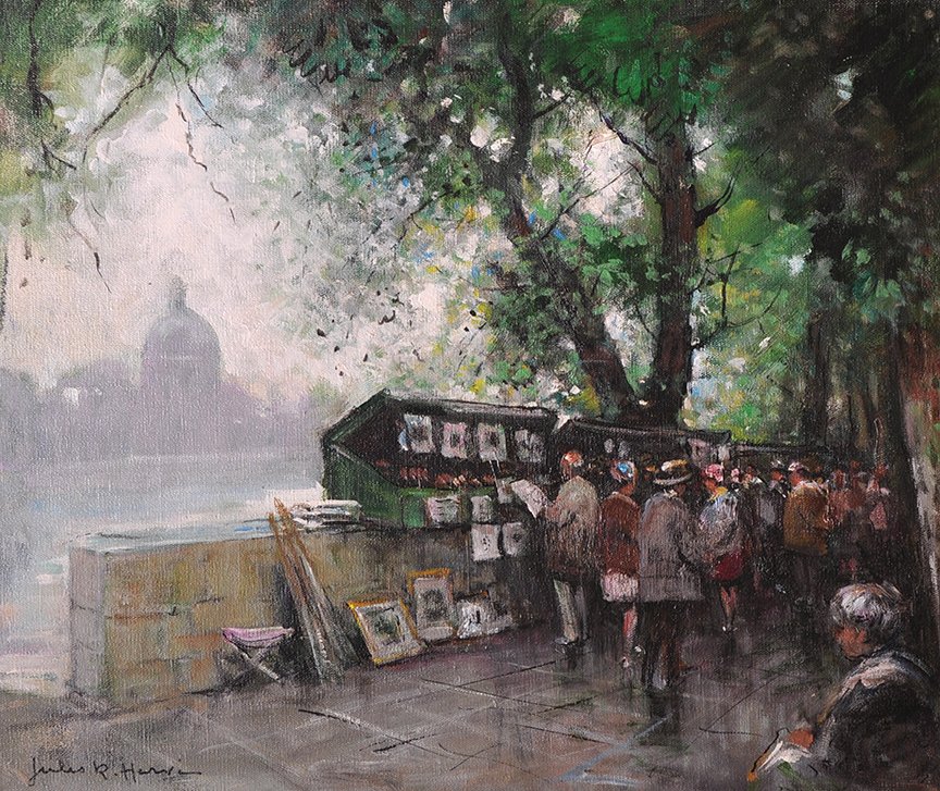 Jules Rene Herve (1887-1981) French. An embankment: Jules Rene Herve (1887-1981) French. An embankment scene with figures looking at the print stalls, beside the Seine, Oil on Canvas, Signed, and Signed on the reverse, 18” x 22”. Provenance; Omell 