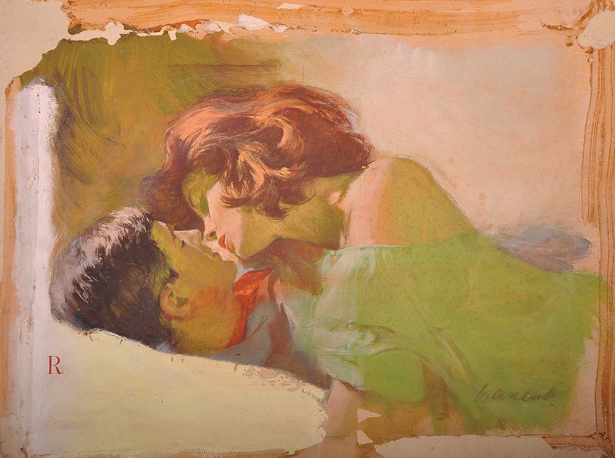 Fred Laurent (1922-1995) British. ‘Dear Liar’, a couple: Fred Laurent (1922-1995) British. ‘Dear Liar’, a couple kissing, Oil on Board, Signed, and Inscribed verso, Unframed, 15” x 21”. £100-£200 .
