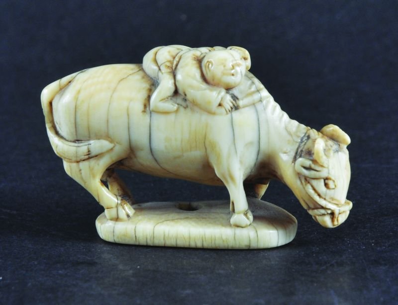 A GOOD 18TH/19TH CENTURY JAPANESE IVORY NETSUKE, circa: A GOOD 18TH/19TH CENTURY JAPANESE IVORY NETSUKE, circa 1800, of a boy lying on the back of a water buffalo, unsigned, 1.5in long.