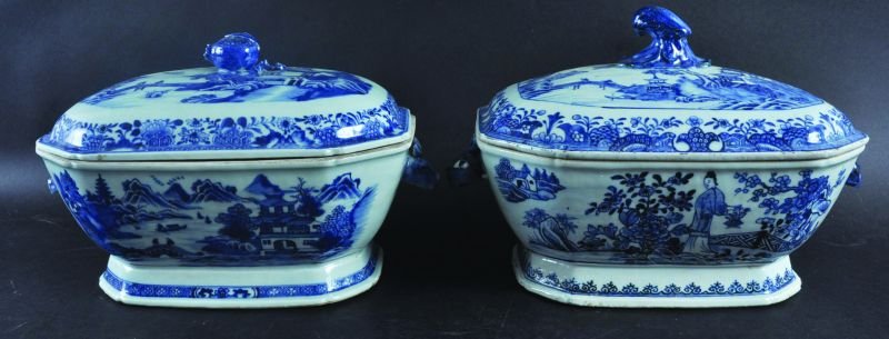 A PAIR OF CHINESE 18TH CENTURY QIANLONG PERIOD BLUE &: A PAIR OF CHINESE 18TH CENTURY QIANLONG PERIOD BLUE & WHITE PORCELAIN TUREENS AND COVERS, of chamfered rectangular section, each piece painted with river landscape scenes, each tureen with moulded boa