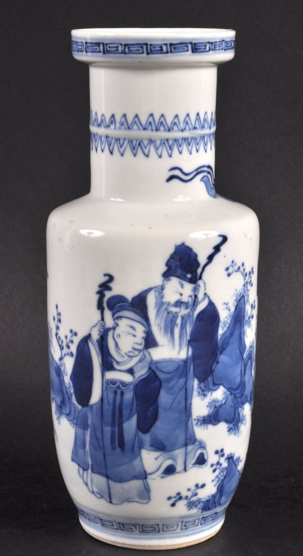 A 19TH CENTURY CHINESE BLUE AND WHITE ROULEAU VASE: A 19TH CENTURY CHINESE BLUE AND WHITE ROULEAU VASE bearing Qianlong marks to base, painted with figures within a landscape. 8.25ins high.