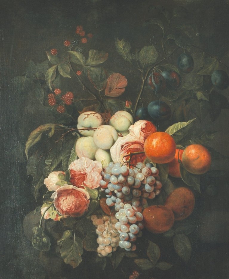 Joris Van Son (1623-1667) Flemish. ‘Bouquet of Roses,: Joris Van Son (1623-1667) Flemish. ‘Bouquet of Roses, Grapes, Peaches, Oranges, Plums and Berries, on a Ledge, Oil on Canvas, 29. 5” x 24”. Provenance; Acquis par l’actuel proprietaire au Pala