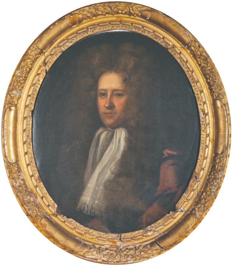 18th Century English School. Portrait of a Man, wearing: 18th Century English School. Portrait of a Man, wearing a red coat, and a white scarf, Oil on Canvas, Oval, in a Fine Carved Giltwood Frame, 29. 5” x 24. 5”. £1000-£2000 .