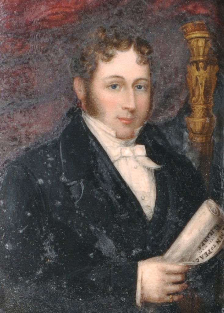 19th Century English School. ‘Portrait of Robert: 19th Century English School. ‘Portrait of Robert Nicholas Carter Bochsa’, holding sheet music ‘Hymn to Peace 13 Harps’, Oil on Card, Inscribed ‘Born 9th August 1789, son of Carl Bochsa, flut