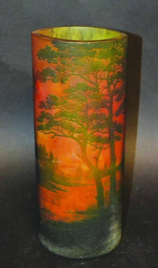 A SUPERB DAUM OF NANCY CAMEO GLASS LANDSCAPE OVAL VASE,: A SUPERB DAUM OF NANCY CAMEO GLASS LANDSCAPE OVAL VASE, an all-round Lakeland scene with trees. Signed. 12ins high. £800-1200.