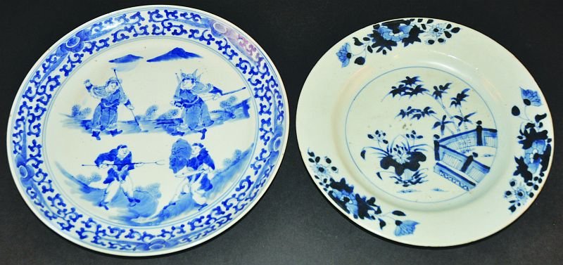 A 19TH CENTURY CHINESE BLUE & WHITE PORCELAIN PLATE,: A 19TH CENTURY CHINESE BLUE & WHITE PORCELAIN PLATE, with a concave rim, painted to its centre with a scene of battling warriors, 9.9in diameter; together with an 18th Century Chinese blue & white por