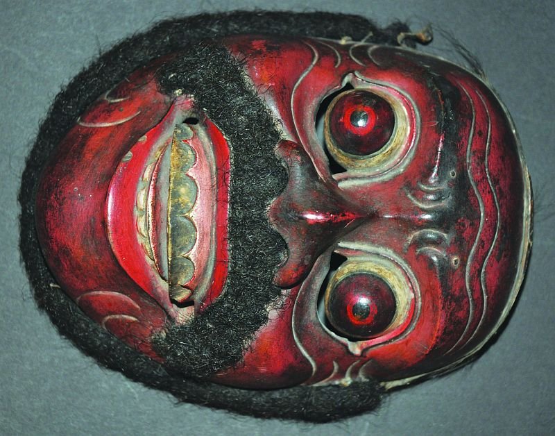 A 19TH CENTURY INDONESIAN POLYCHROME & HAIR WOODEN: A 19TH CENTURY INDONESIAN POLYCHROME & HAIR WOODEN DANCE MASK, (Topeng), 8.2in high. £20-30