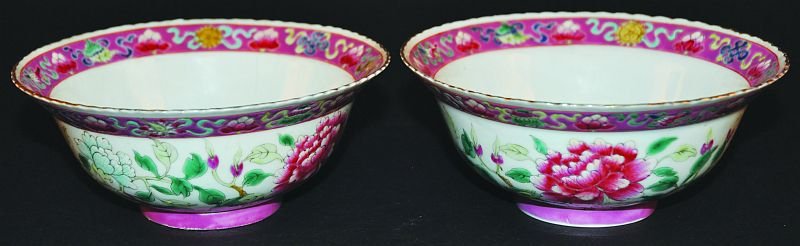 TWO LARGE STRAITS CHINESE ROSE-PINK & WHITE BOWLS,: TWO LARGE STRAITS CHINESE ROSE-PINK & WHITE BOWLS, circa 1900, made in China for the Baba-Nonya market, 6.2in diameter & 2.3in high. £50-80