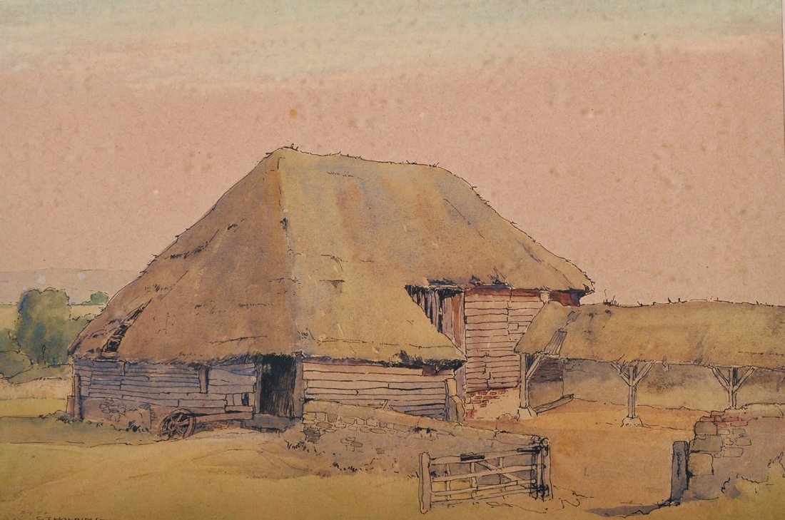 Edgar Thomas Holding (1870-1952) British. “A Sussex: Edgar Thomas Holding (1870-1952) British. “A Sussex Barn, Pulborough”, Watercolour, Signed, and Inscribed on label verso, 10” x 14.5”.