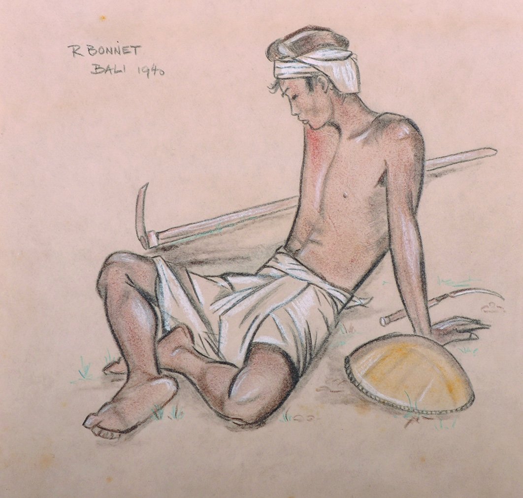 R… Bonnet (20th Century) A Resting Farm Worker,: R… Bonnet (20th Century) A Resting Farm Worker, Charcoal, Signed, Inscribed and Dated 1940, 10” x 10.5”, and another by the same hand, a study of three heads (2)..