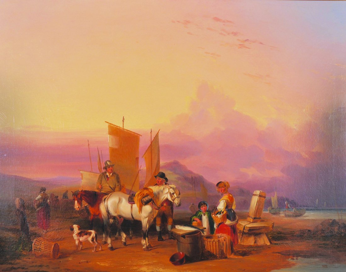 William Shayer, Senior (1788-1879) British. ‘The Fish: William Shayer, Senior (1788-1879) British. ‘The Fish Seller’, a Beach Scene with Figures and Horses, Oil on Canvas, Signed, 28” x 36”.