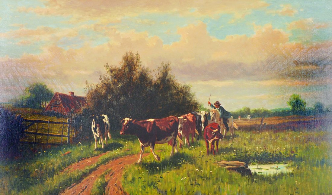 William Frederick Hulk (1852-c.1906) British. Drover: William Frederick Hulk (1852-c.1906) British. Drover and Cattle in a Landscape, Oil on Canvas, Signed, 30” x 50”.